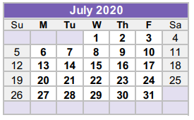 District School Academic Calendar for Williamson County Juvenile Detenti for July 2020