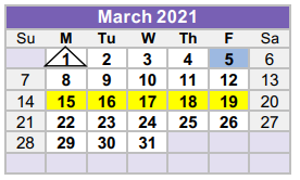 District School Academic Calendar for Williamson County Juvenile Detenti for March 2021