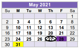 District School Academic Calendar for Williamson County Juvenile Detenti for May 2021