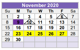 District School Academic Calendar for Williamson County Juvenile Detenti for November 2020