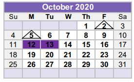District School Academic Calendar for Williamson County Juvenile Detenti for October 2020