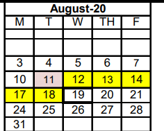 District School Academic Calendar for Early Childhood Center for August 2020