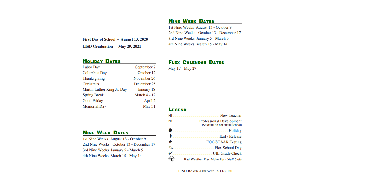 District School Academic Calendar Key for Livingston J H