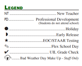 District School Academic Calendar Legend for Timber Creek Elementary