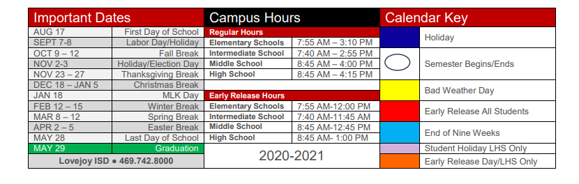 District School Academic Calendar Key for Lovejoy H S