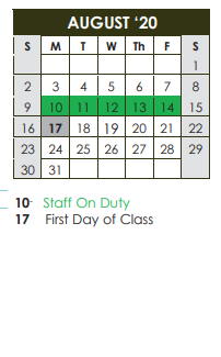 District School Academic Calendar for Project Intercept School for August 2020