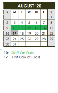 District School Academic Calendar for Wright Elementary for August 2020