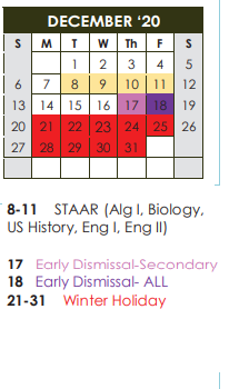 District School Academic Calendar for Slaton Middle School for December 2020