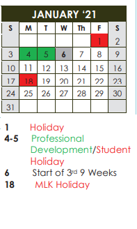 District School Academic Calendar for Dunbar Middle School for January 2021