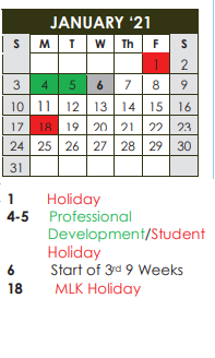 District School Academic Calendar for Smith Elementary for January 2021