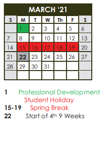 District School Academic Calendar for Ramirez Charter School for March 2021
