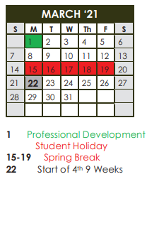 District School Academic Calendar for Bean Elementary for March 2021