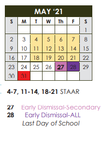 District School Academic Calendar for Arnett Elementary for May 2021