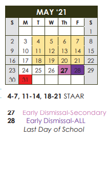 District School Academic Calendar for Project Intercept School for May 2021