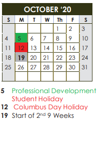 District School Academic Calendar for Martin Early Childhood Ctr for October 2020