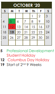 District School Academic Calendar for Mahon Early Childhood Ctr for October 2020