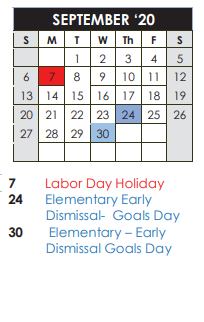 District School Academic Calendar for Wright Elementary for September 2020