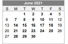 District School Academic Calendar for Lubbock-cooper South Elementary Sc for June 2021