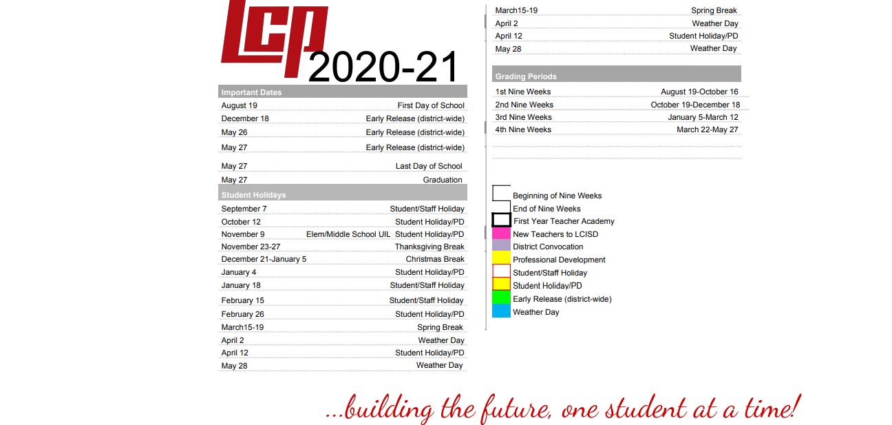 District School Academic Calendar Key for L C Y C