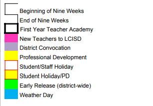 District School Academic Calendar Legend for Lubbock-cooper North Elementary Sc