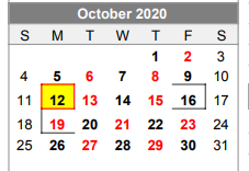District School Academic Calendar for Lubbock-cooper Junior High School for October 2020