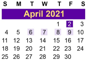 District School Academic Calendar for Juvenile Detent Ctr for April 2021