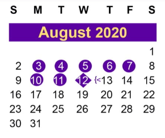 District School Academic Calendar for Juvenile Detent Ctr for August 2020