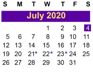 District School Academic Calendar for Juvenile Detent Ctr for July 2020