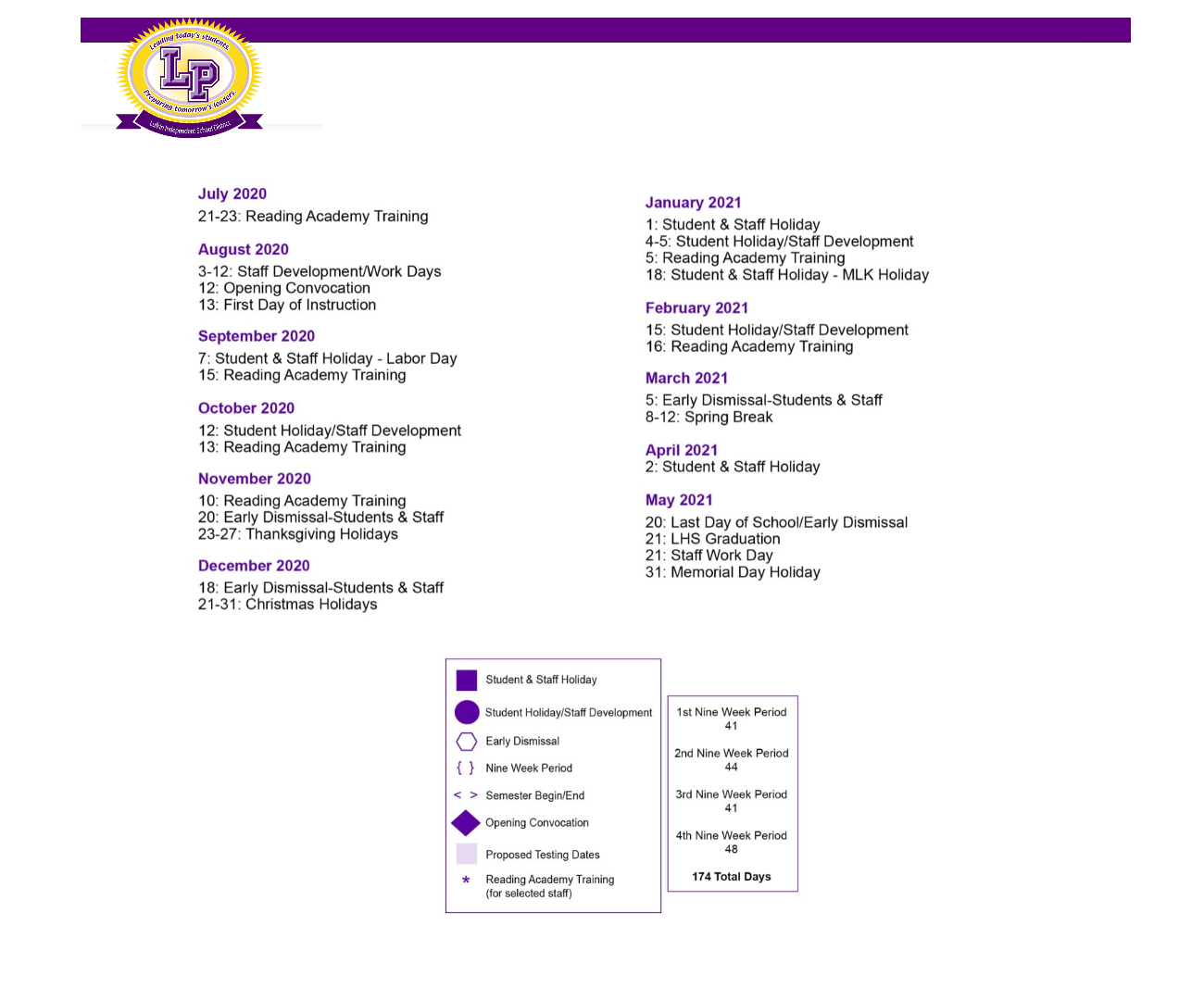 District School Academic Calendar Key for Kurth Primary