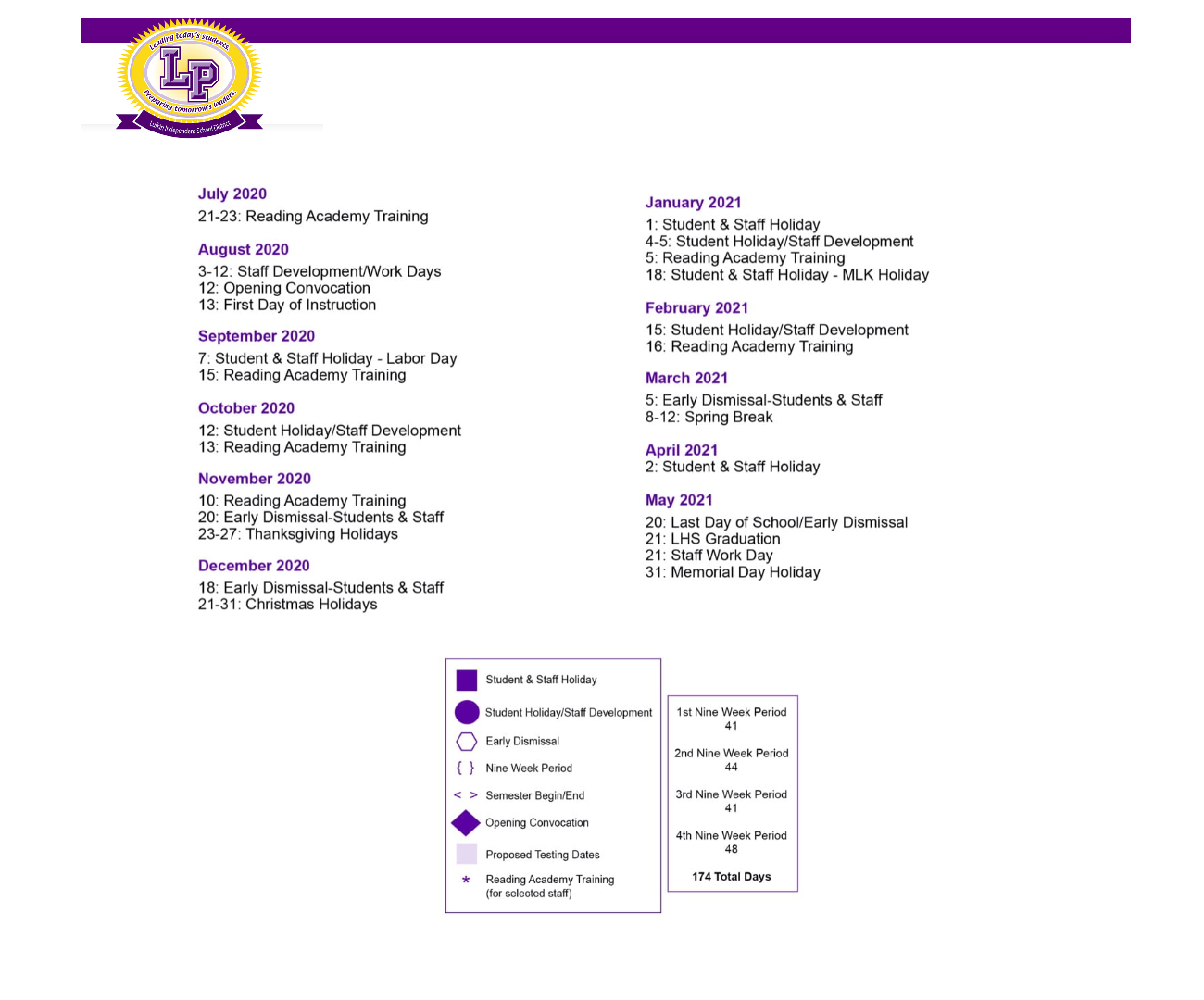 District School Academic Calendar Key for Dunbar Primary School