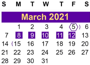 District School Academic Calendar for Juvenile Detent Ctr for March 2021