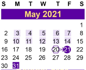 District School Academic Calendar for Juvenile Detent Ctr for May 2021