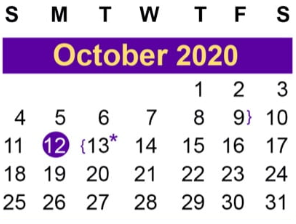 District School Academic Calendar for Juvenile Detent Ctr for October 2020