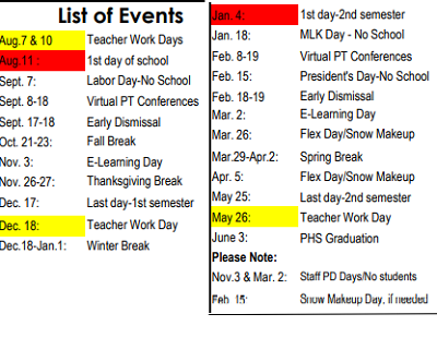 District School Academic Calendar Legend for Central Elementary School