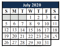 District School Academic Calendar for Elizabeth Smith Elementary for July 2020