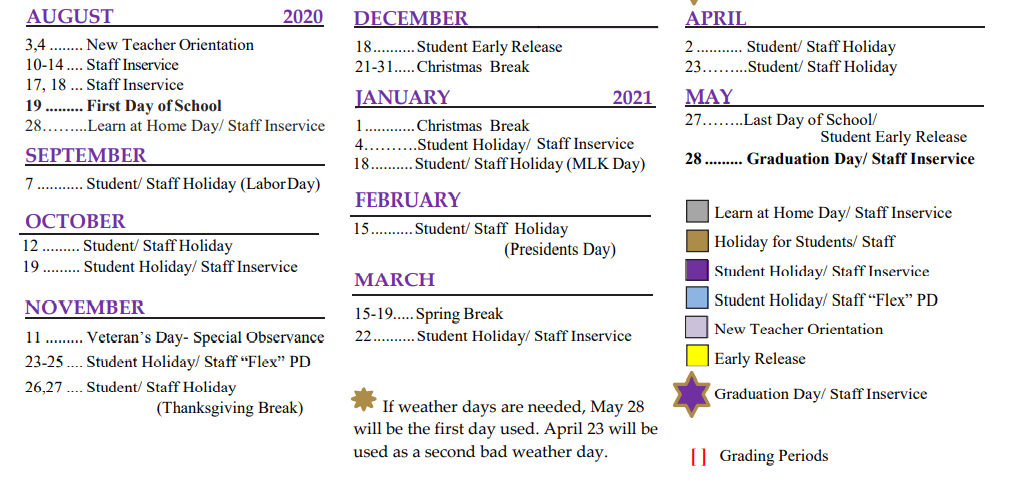 District School Academic Calendar Key for Marble Falls Middle School