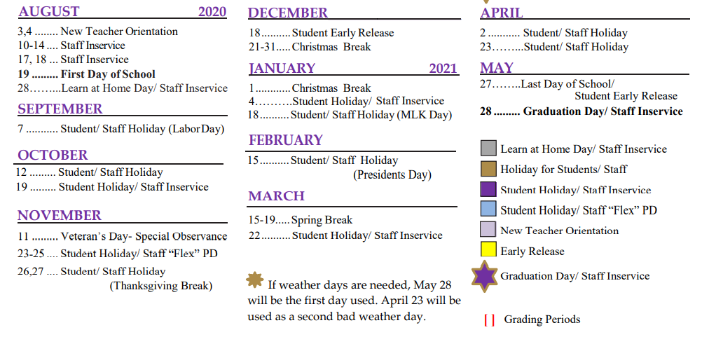 District School Academic Calendar Key for Falls Career H S