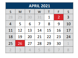 District School Academic Calendar for Jose De Jesus And Maria Luisa Vega for April 2021