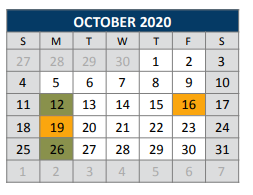 District School Academic Calendar for J J A E P for October 2020