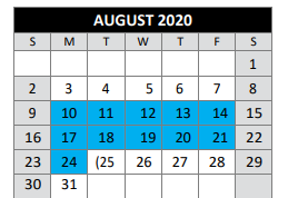 District School Academic Calendar for Bexar County Juvenile Justice Acad for August 2020