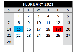 District School Academic Calendar for Bexar County Juvenile Justice Acad for February 2021