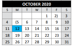 District School Academic Calendar for Bexar County Juvenile Justice Acad for October 2020