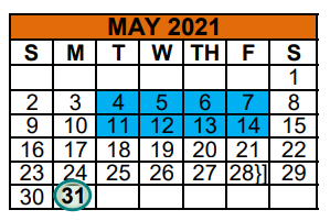 District School Academic Calendar for Travis El for May 2021