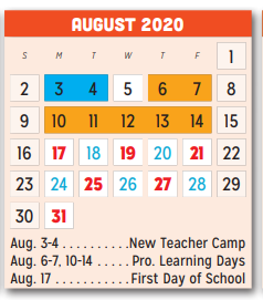 District School Academic Calendar for New Middle School for August 2020