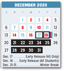 District School Academic Calendar for New Middle School for December 2020