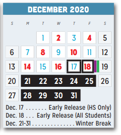District School Academic Calendar for P A S S Learning Ctr for December 2020