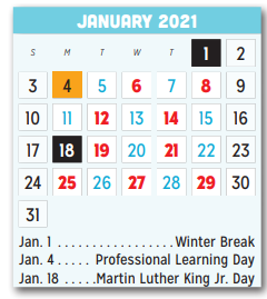 District School Academic Calendar for New Middle School for January 2021