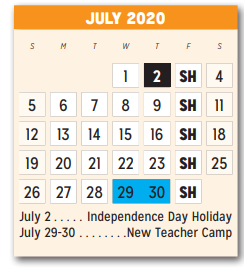 District School Academic Calendar for Hanby Elementary for July 2020
