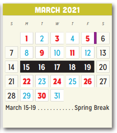 District School Academic Calendar for P A S S Learning Ctr for March 2021