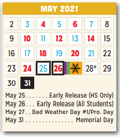 District School Academic Calendar for P A S S Learning Ctr for May 2021